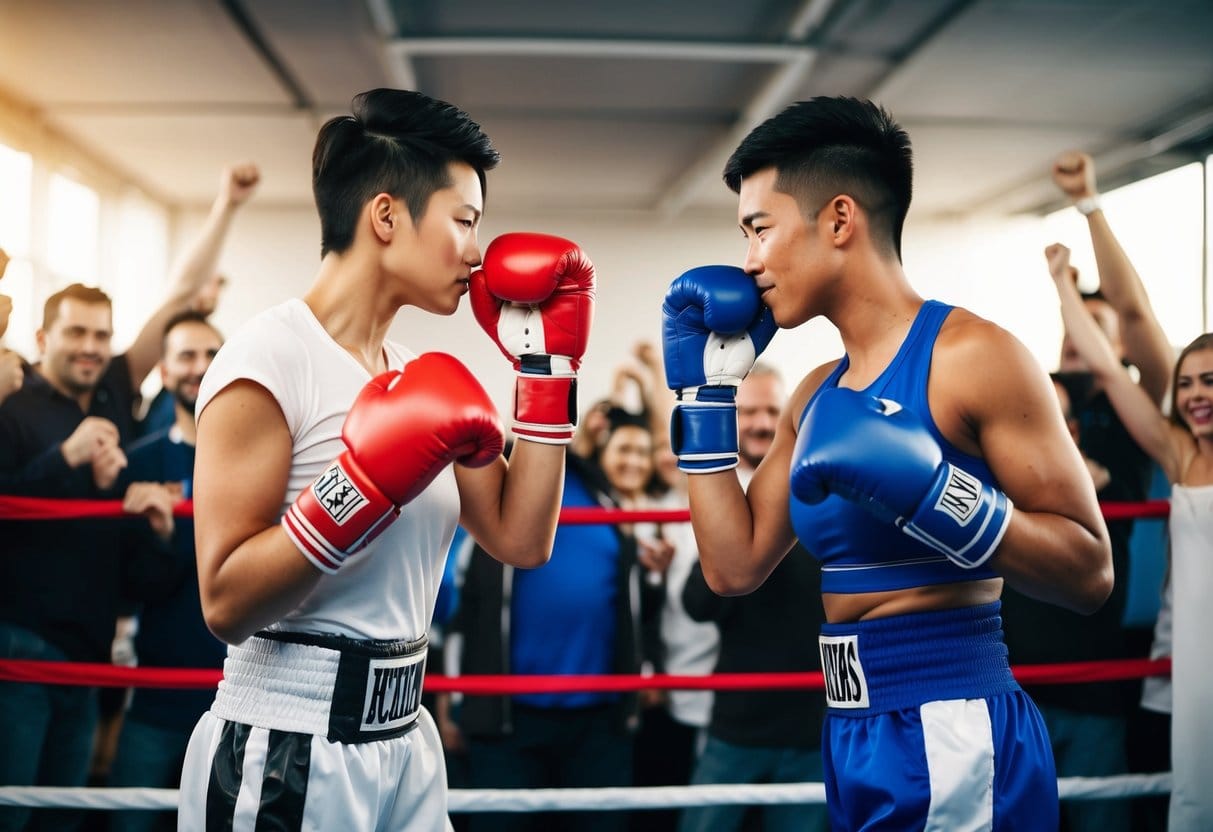 Et par i bokseudstyr der udveksler slag omgivet af jublende fans og en boksering