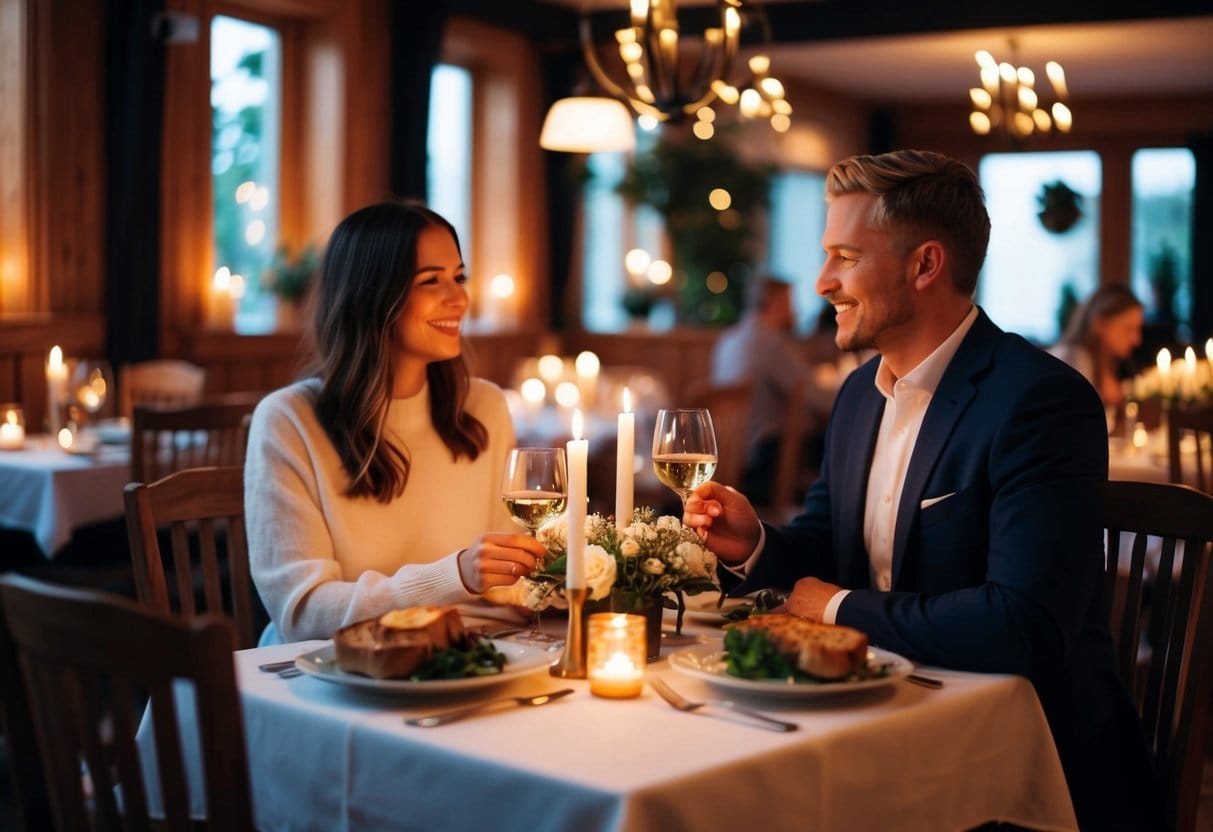 Et par der nyder en romantisk middag i en hyggelig svensk restaurant omgivet af stearinlys og traditionel skandinavisk indretning